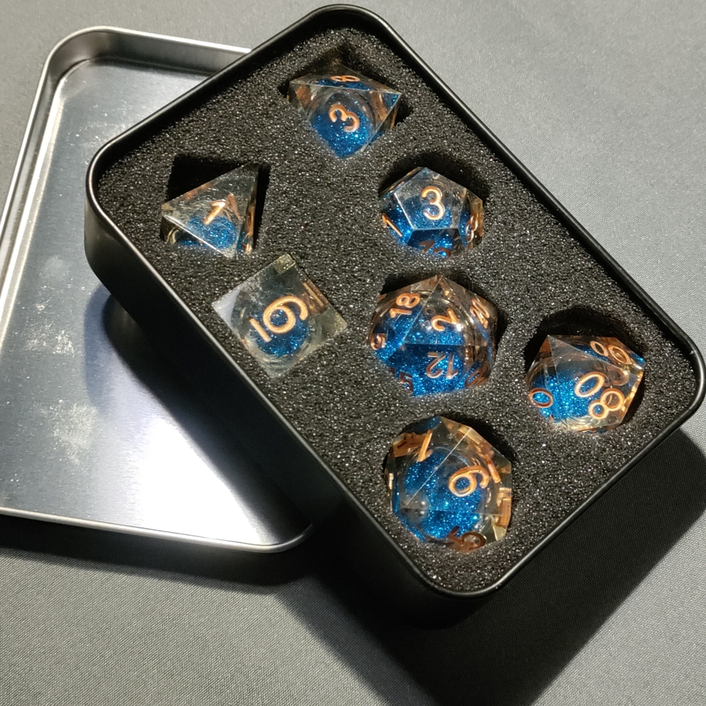 NEW Blue Glitter Liquid Core Polyhedral Dice Set